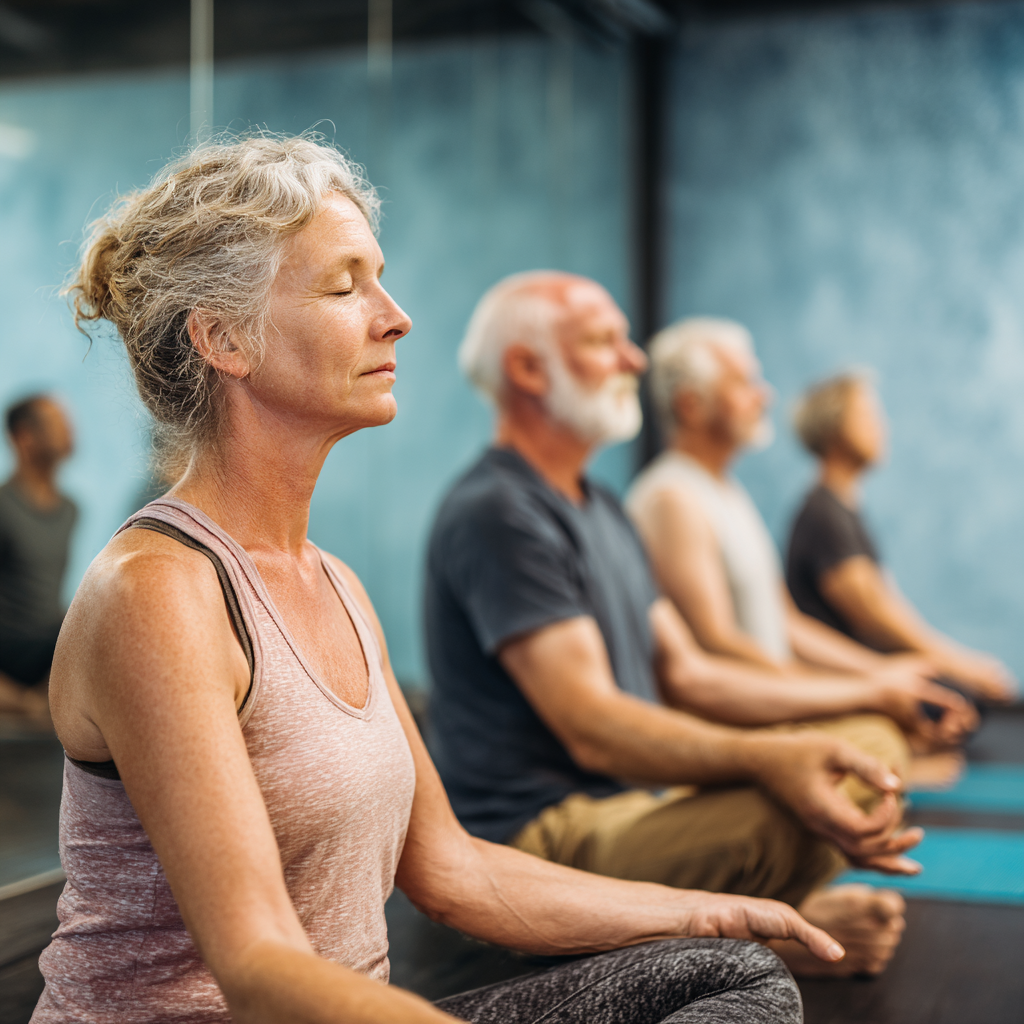 51 years old adults participating in gentle yoga session focused on mindful breathing and meditation