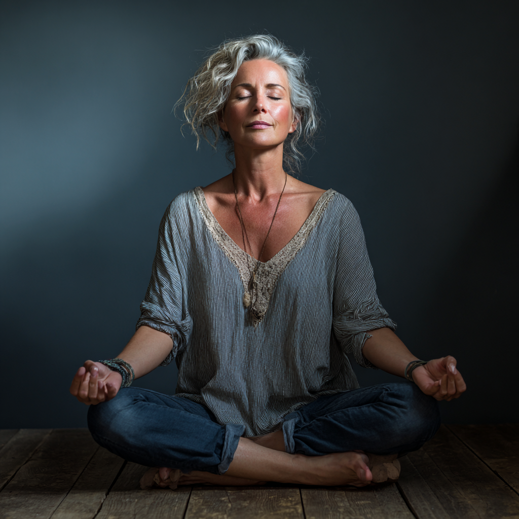 Peaceful 50 years old woman in comfortable yoga pose showing inner serenity and balance